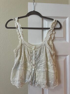 LoveShackFancy Cream Lace-Trim Button Front Camisole Sully Top